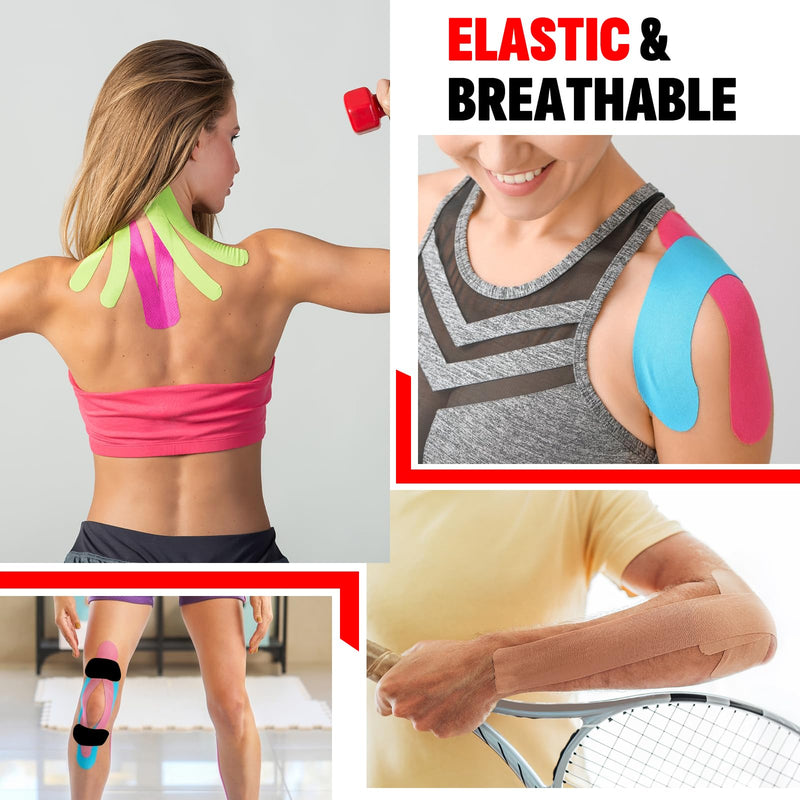 [Australia] - 40PCS Precut Kinesiology Tape Strips, 8 Colors 2 inch x 10 inch Cotton Athletic Tape, Kinetic Tape, Elastic Muscle Tape, Sports Tape, Knee Tape for Exercise and Daily Use 