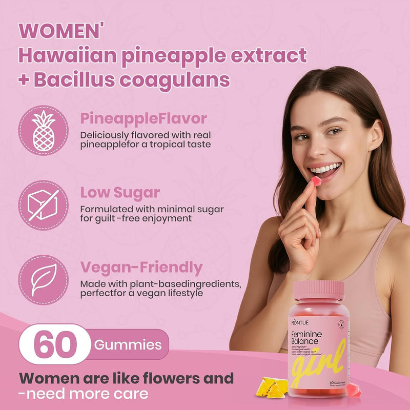 Premium Feminine Balance Gummies, for Women’s Wellness & pH Balance, Immune Support,Vegan, Hawaiian Pineapple, Non-GMO (60 Gummies) NEW-60 Gummies