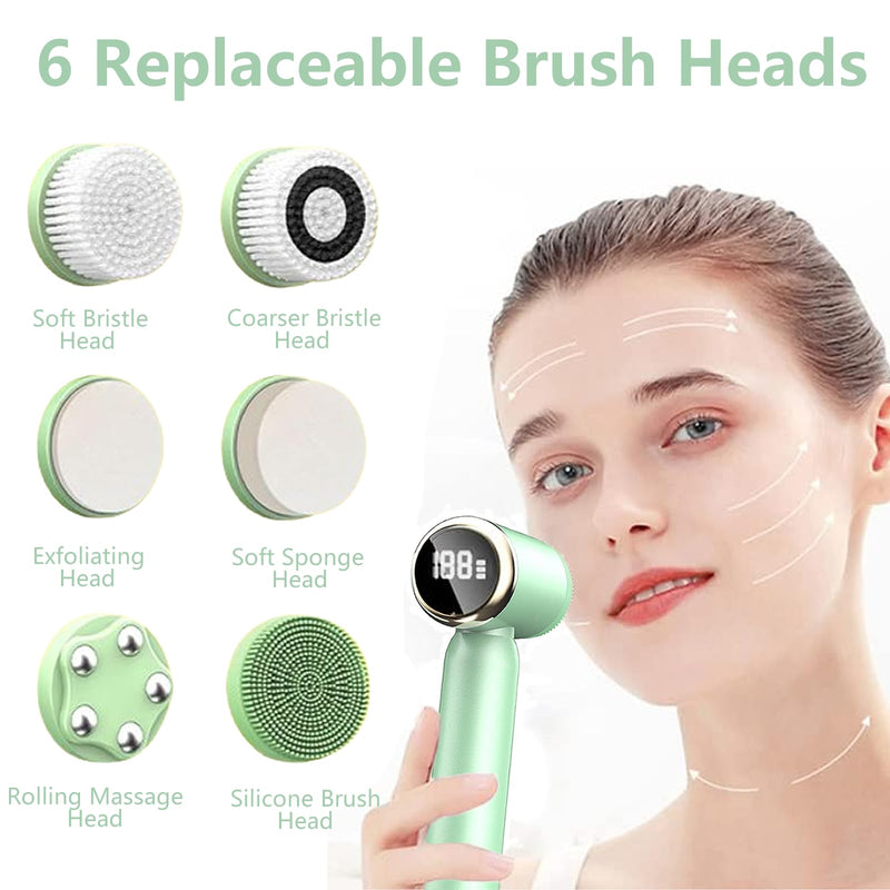 [Australia] - Facial Cleansing Brush, 6 in 1 Electric Face Scrubber with 6 Brush Heads and 3 Spin Speeds for Deep Cleansing, Waterproof Rechargeable Face Brushes for Dry Oily Sensitive Skin (Green) 