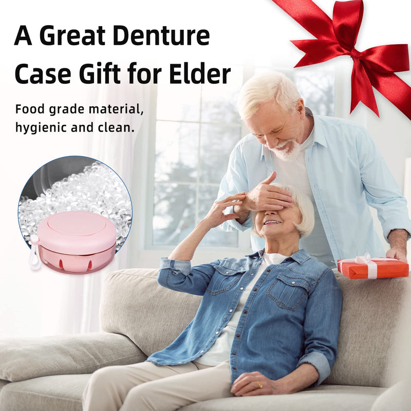 Leak Proof Denture Cup Kit Portable Retainer Case Perfect for Travel, Denture Case Container Cleaning Care for Dentures Aligner Mouth Guard with Denture Brush,Strainer, Removal Tool and Mirror Pink