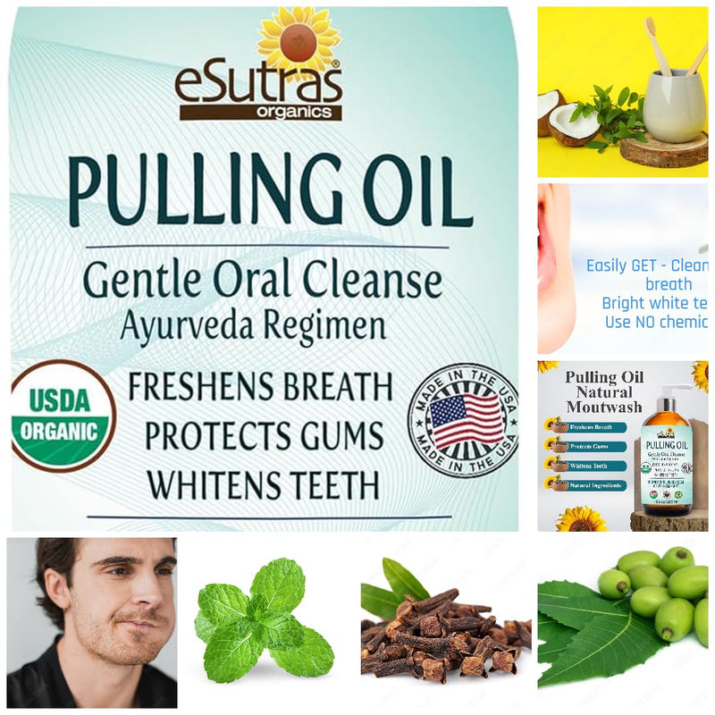 eSutras Pulling Oil Herbal Mouthwash Powerful Coconut Sesame Sunflower Oils + Essential Oils, Mint Clove Whitens Teeth Refreshes Breath Strengthens Gums
