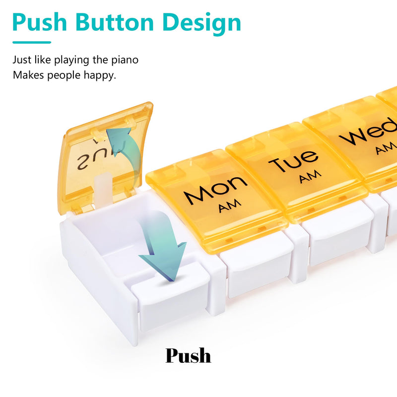 MOLN HYMY Weekly Pill Organizer, AM PM 2 Times a Day, 14 Compartments, Push Button Design, for Medication, Vitamins, Supplements Cyan and Orange