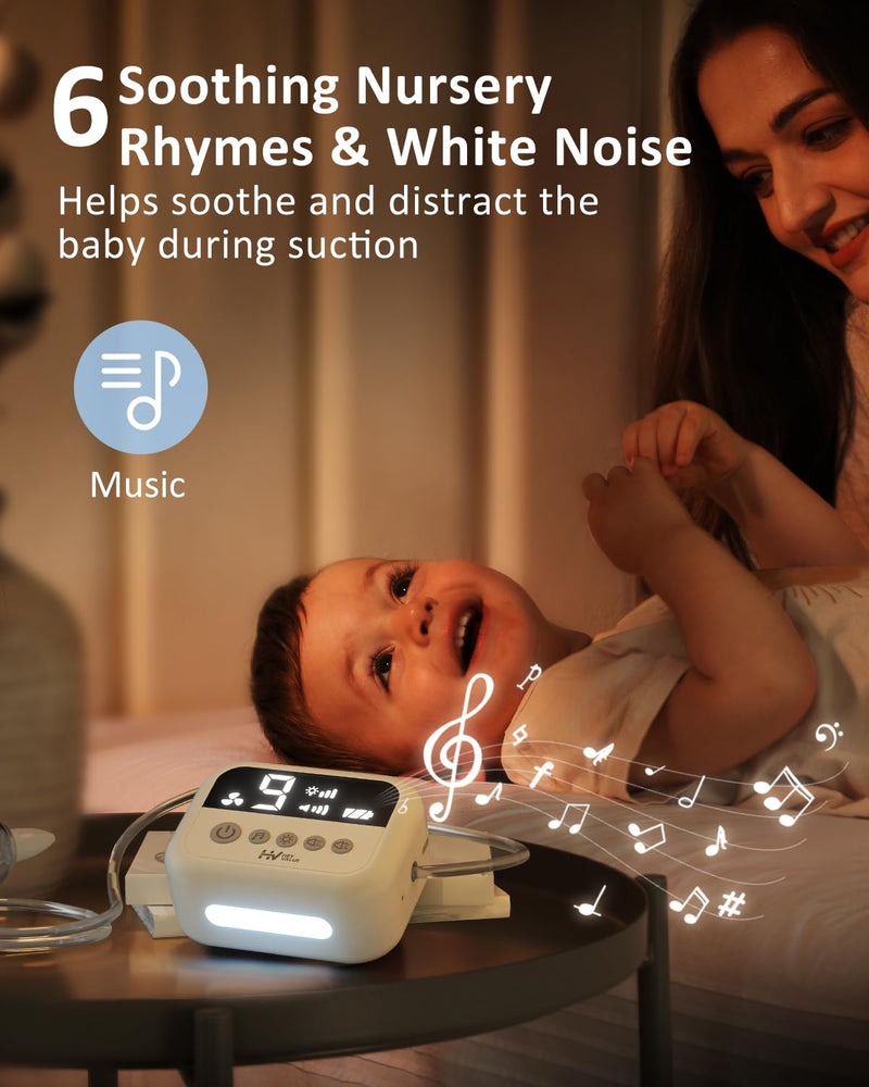 [Australia] - HEYVALUE Nasal Aspirator for Baby, Hospital Grade Nose Sucker with 9 Levels Suction, Night Light and Nursery Rhyme Soothing Function, Electric Nose Suction for Baby with Food-Grade Silicone Tips White 