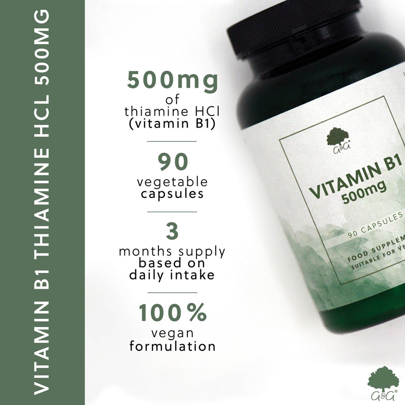 Vitamin B1 Thiamine HCl Capsules | 500mg of B1 Thiamine HCl per Capsule | 90 Vegan Capsules | G&G Vitamins Single