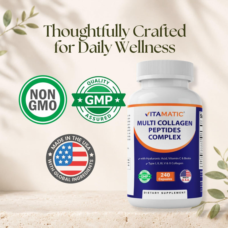 Vitamatic Multi Collagen Peptides Complex with Hyaluronic Acid, Vitamin C & Biotin, Types I, II, III, V & X Collagen, 240 Capsules, Non-GMO, Made in USA