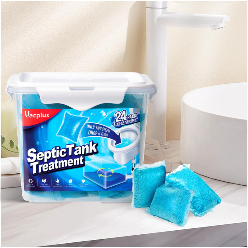 [Australia] - Vacplus Septic Tank Treatment - 24 Packs for 2-Year Supply, Bucket-Packed Septic Tank Treatment Packets, Dissolvable & Flushable Septic Tank Treatment Enzymes with Easy Operation for Wastes & Odors 