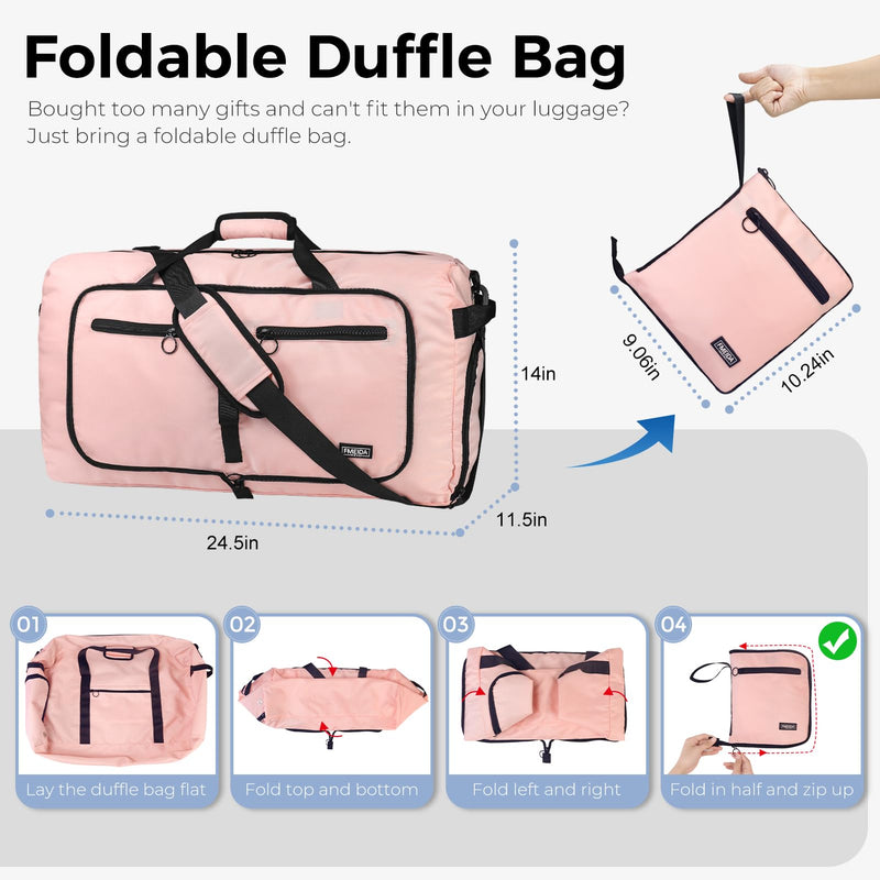 65L Duffle Bag Foldable Travel Duffel Bags for Men Women Travel Bag | Shoes Compartment, 65L Large Capacity, Foldable, Packable, Water Repellent, Tear Resistant, for Traveling Gym Overnight Camp Glossy Light Pink