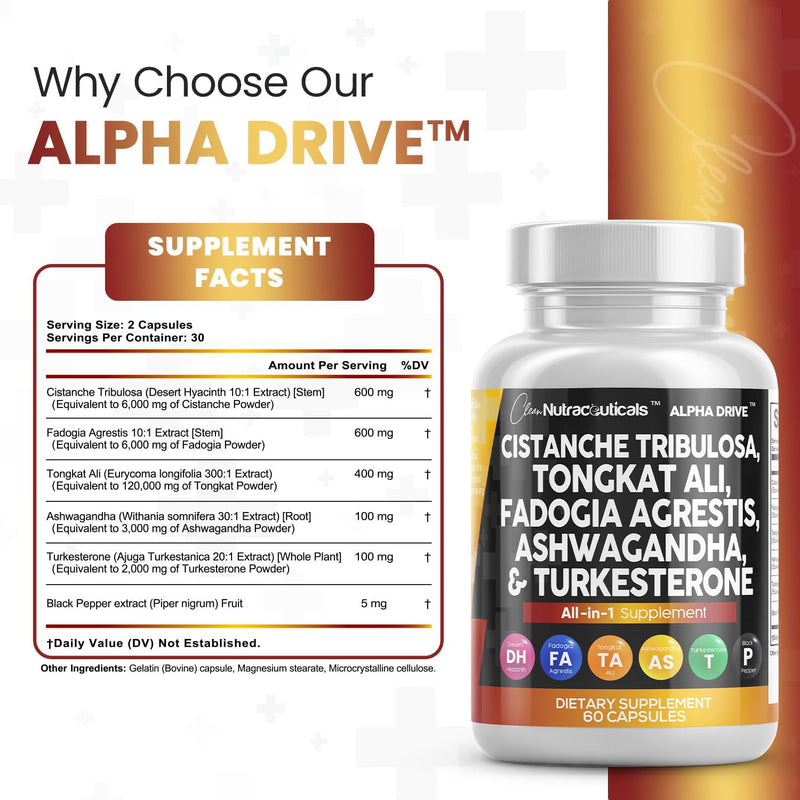 [Australia] - Clean Nutra Cistanche Tribulosa 6000mg Fadogia Agrestis 600mg Tongkat Ali 400mg Turkesterone Pills 2000mg Ashwagandha Extract 3000mg Capsules Supplement for Men - 60 Count 