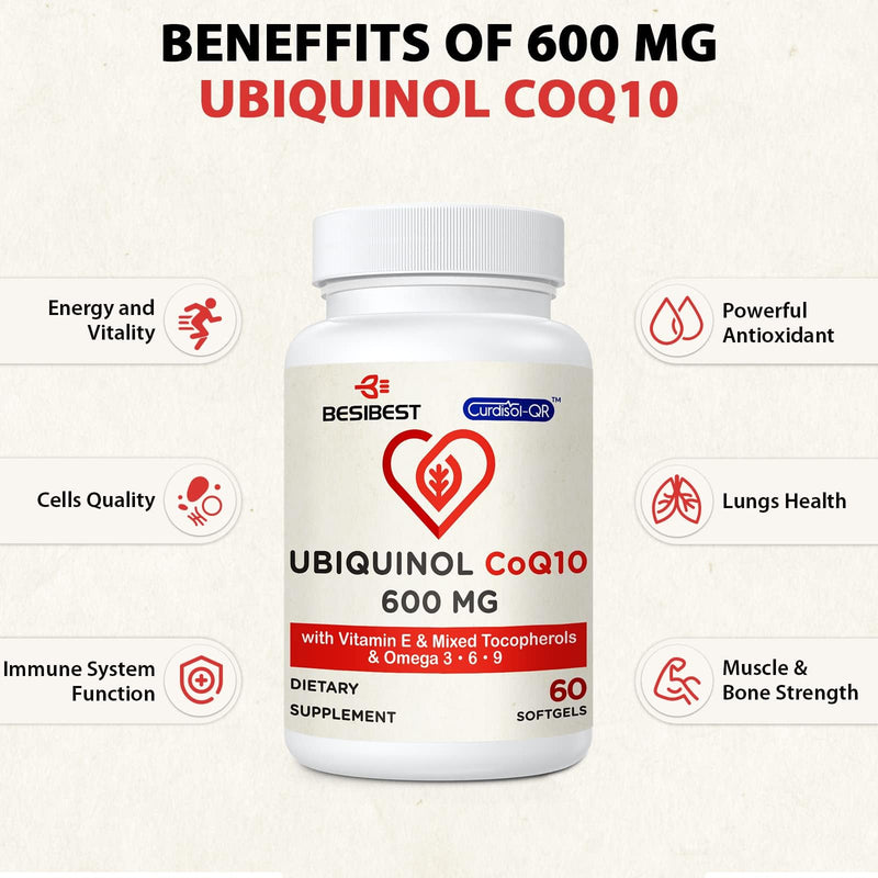 [Australia] - Ubiquinol CoQ10-600mg-Softgel, Active Coq10 Ubiquinol Supplement with Vitamin E & Omega 3, 6, 9, High Absorption-Coenzyme-Q10, Powerful Antioxidant for Energy Production, Tested, 60 Count 60 Count (Pack of 1) 
