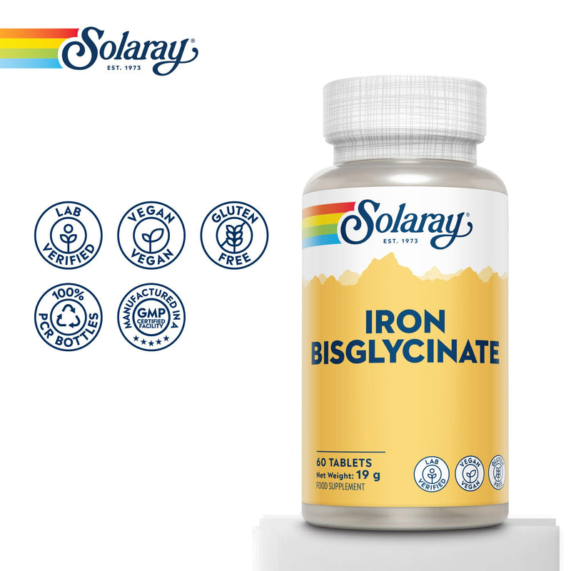 Solaray Gentle Iron Bisglycinate 25mg - 60 Vegan Tablets - High Strength Iron Supplement for Energy Support for Men & Women - with Added Alfaalfa Herb and Yellow Dock Root - Lab Verified
