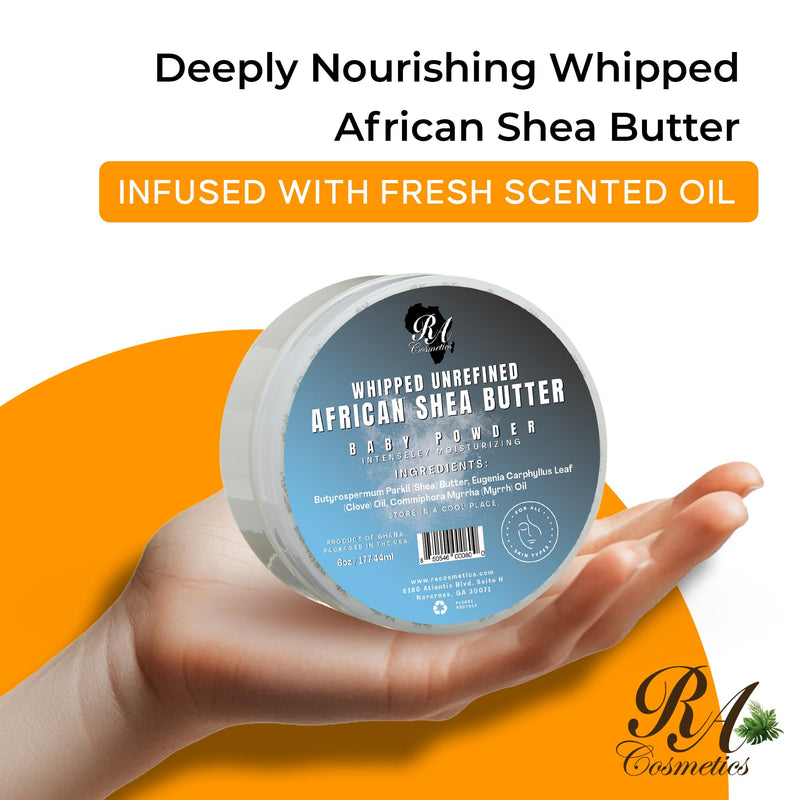 RA Cosmetics Whipped Shea Butter Baby Powder - 6oz | 100% Pure & Natural African Shea Butter for Men & Women - Ultimate Handcrafted Moisturizer with Essential Vitamins for Radiant Skin & Luscious Hair 6 Ounce (Pack of 1)