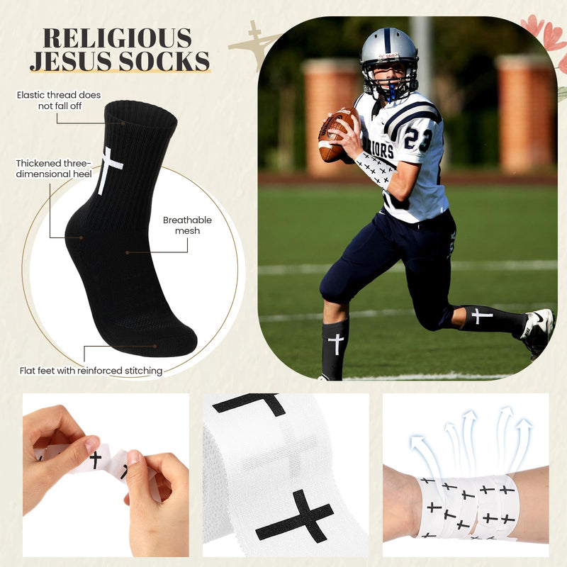 TrelaCo 2 Pcs Christian Athletic Tape with 2 Sets Cross Grip Socks Cotton Sports Athletic Tape Serrated Edges Religious Soccer Socks for Football Baseball Hockey Soccer (Cross)