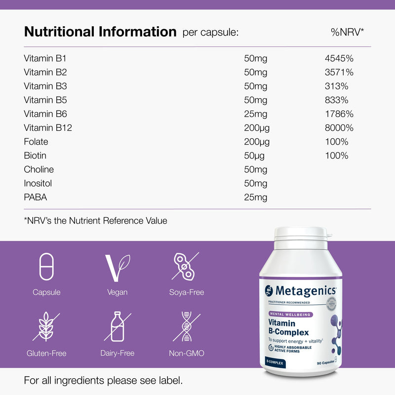 Metagenics - High Strength Vitamin B Complex - Reduction of Tiredness and Fatigue - Supplement with Folate, Vitamin B6 + B12, Inositol & Choline - 90 Capsules