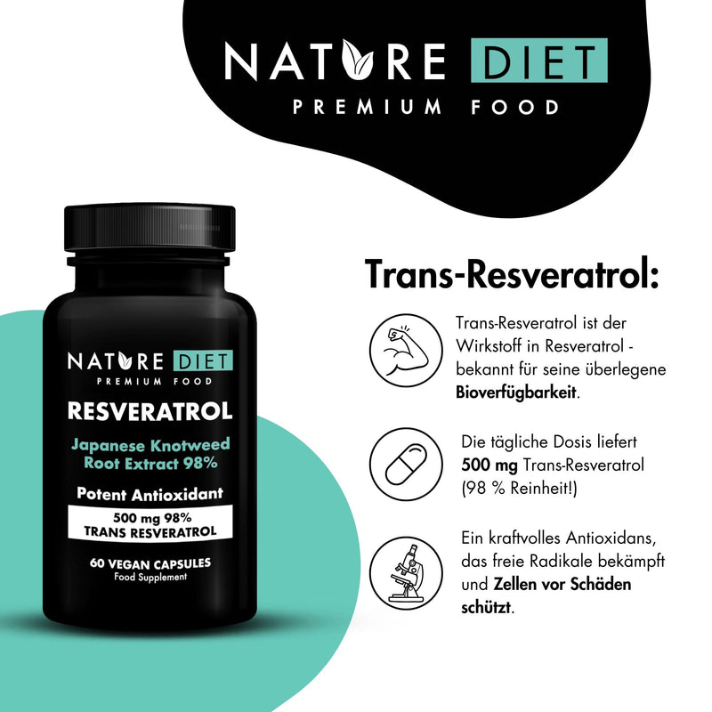 [Australia] - Nature Diet Resveratrol - 500 mg Trans-Resveratrol (98%) - Japanese Knotweed Extract - 60 Vegan Capsules - Antioxidant Protection - Supports Healthy Aging & Cell Health 