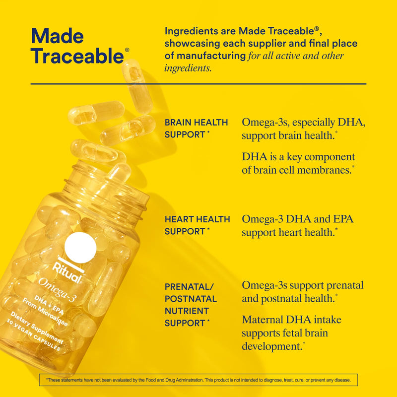 [Australia] - Ritual Omega 3 - Vegan - Science-backed Dose of DHA & EPA Fatty Acids in 2:1 Ratio, Bioavailable, Brain and Heart Health Support, Minimal Burp-Back, Sustainably Sourced Microalgae, 30 Day Supply 