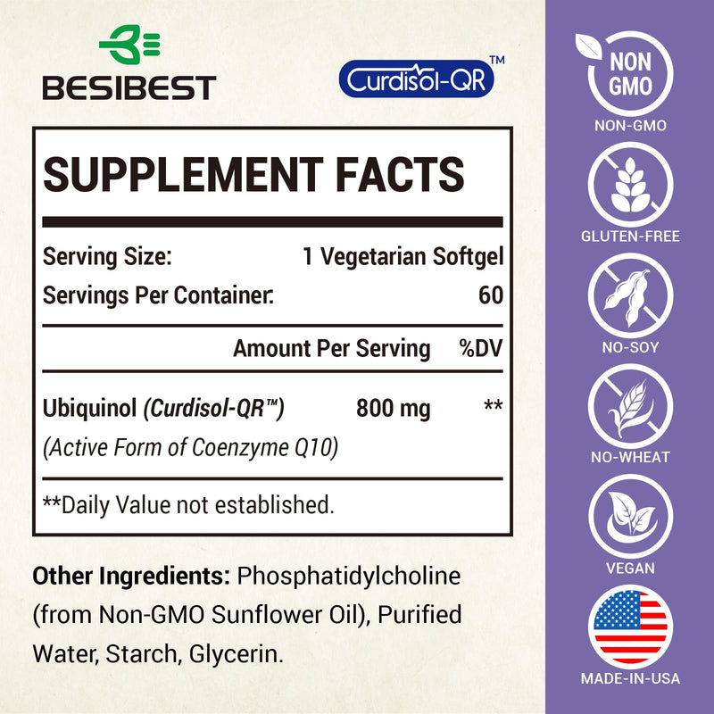 [Australia] - Liposomal Ubiquinol CoQ10 800 MG Softgel, High Absorption CoQ10 Ubiquinol Supplement, Active Coenzyme Q10 800mg, Powerful Antioxidant for Heart & Brain Function, Energy Production, 120 Vegan Softgels 60 Count (Pack of 2) 