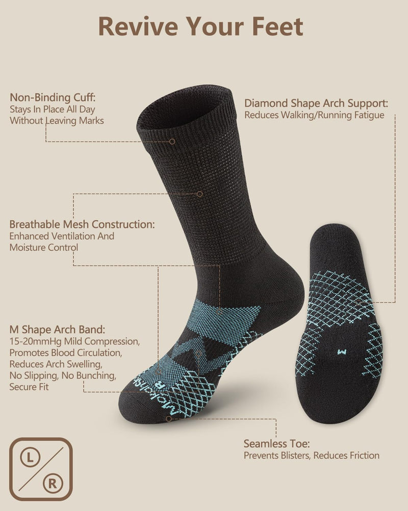 [Australia] - Diabetic Crew Socks for Men Women, COOLMAX LYCRA Moisture-Wicking Non-Binding Socks Neuropathy Sock, 3 Pairs Large Black 