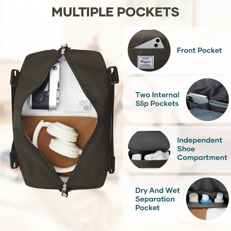 Travel Duffel Bag 18x14x8 Inches Carry On Bag for Airplanes Weekender Overnight Bag for Women with Trolley Sleeve Travel Bag Spirit with Shoes Compartment Sport Tote Gym Bag DarkBrown