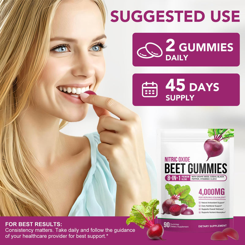 Beet Root Gummies, 8 in 1 Super Beet Root Supplement with CoQ10, Grape Seed Extract, Vitamin C and B12, Support Blood Pressure, Heart Health, Energy Level, 90 Chews