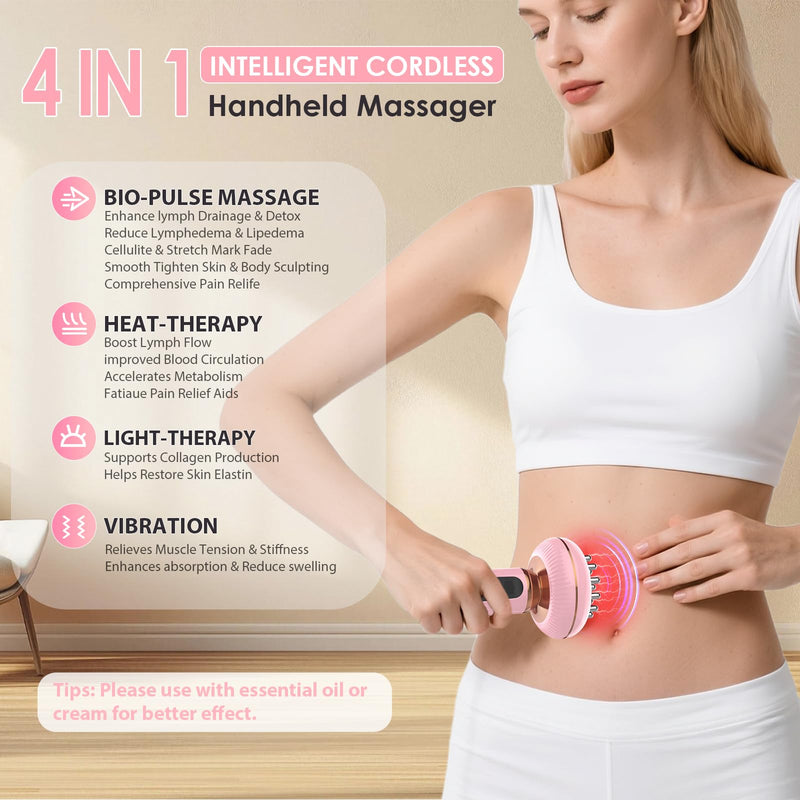 Handheld Body Massager for Lymphatic Drainage Lymphedema Lipedema | 4-in-1 Red Light Heat Vibration, Reduce Cellulite Stretch Marks, Relieve Sciatica Pain Device Pink