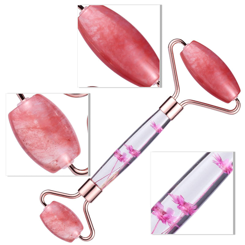 Amogeeli Cherry Quartz Stone Roller for Face, Beauty Massage Facial Roller for Wrinkles, Puffiness Red