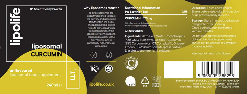 Liposomal Curcumin C3 Complex 240ml – LLT1 High Absorption Liquid Curcumin Supplement for Joint Support, Inflammation & Antioxidant Protection – Advanced Liposomal Delivery, 48 Servings, Lipolife Curcumin unflavoured