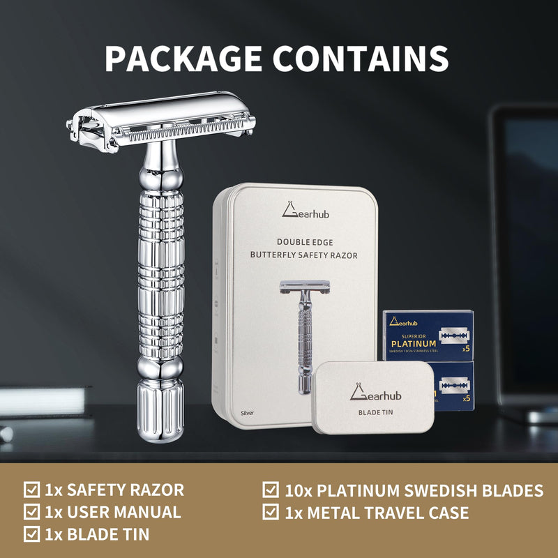 Gearhub Butterfly Double Edge Safety Razor Reusable Stainless Metal Wet Shaving Razor with 10 Swedish Platinum Blades for Men Women Barber Bikini Armpit Hair GR179 Butterfly Razor (Silver)