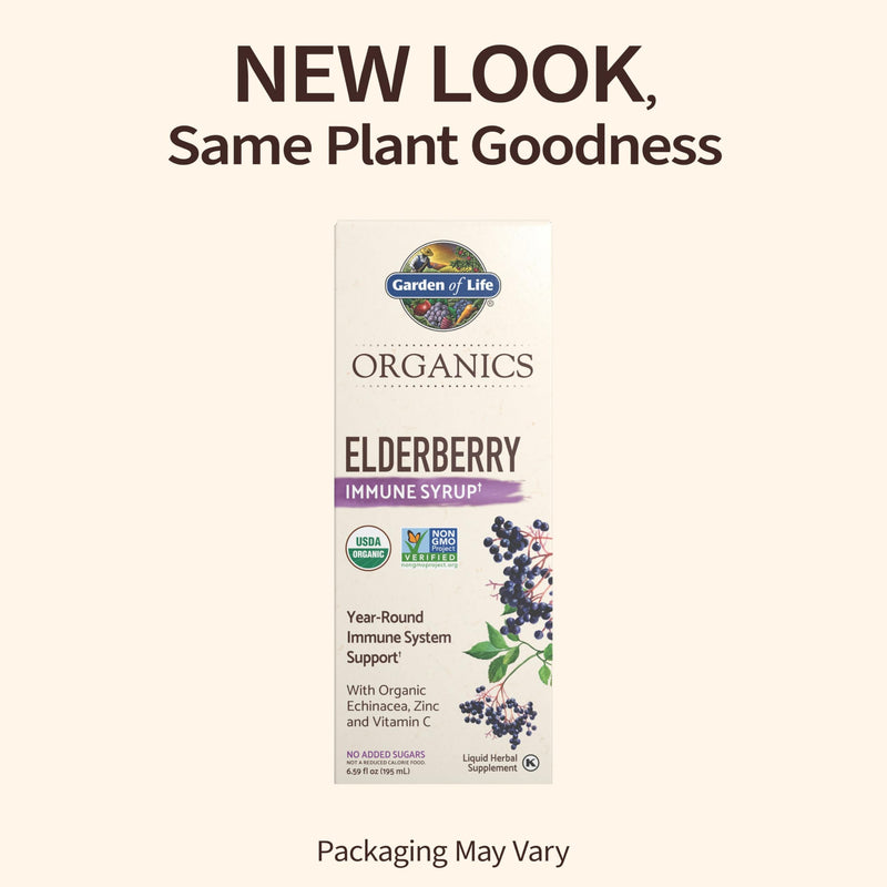 [Australia] - Garden of Life Organics Plant-Based Elderberry Immune Syrup 6.59 fl oz (195 Ml) for Kids & Adults: Sambucus, Echinacea, Zinc & Vitamin C, 0g Sugar, Organic Vegan Gluten Free Herbal Supplement 