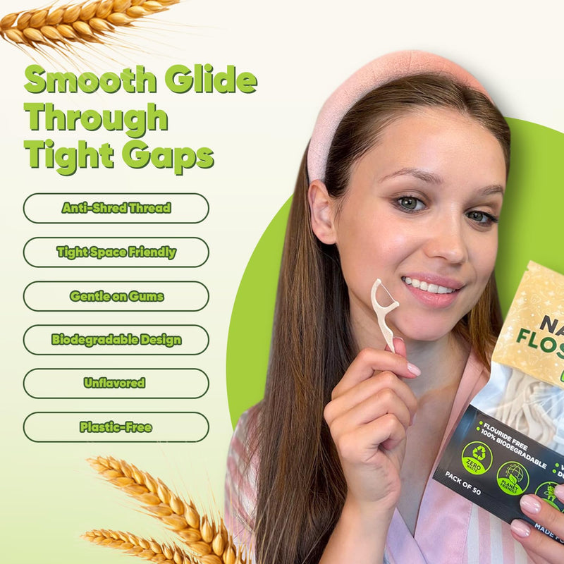 [Australia] - Biodegradable Floss Picks (Unflavored) - Natural Straw Wheat Handle | Thin & Durable Thread for Tight Gaps! | Dental Flossers for Adults | Gentle on Gums & Teeth | Eco Friendly, Vegan (100 Pack) 100 Foot (Pack of 1) 