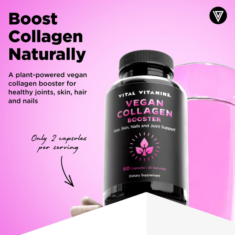 [Australia] - Vital Vitamins Vegan Collagen Booster - with Silica and Hyaluronic Acid - Plant-Based Collagen Supplements - Supports Hair, Skin, Nails & Joints - 60 Capsules 
