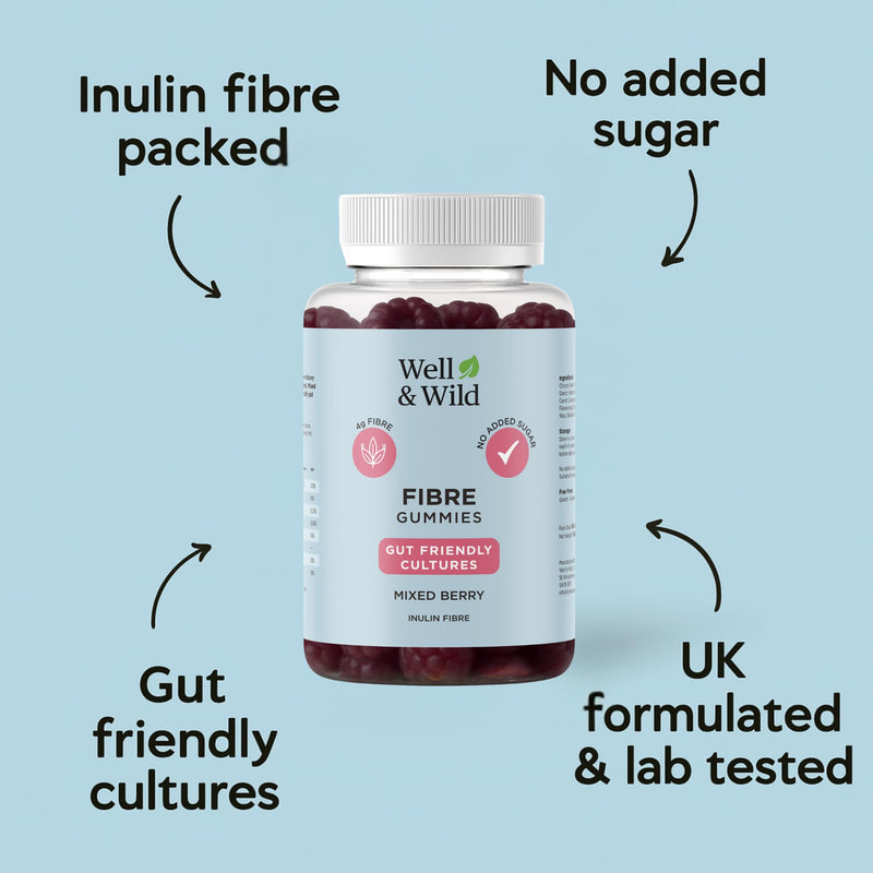 Well & Wild Prebiotic Fibre Gummies – 4g Inulin + Live Cultures – Vegan Gut Health & Digestive Support – Sugar Free – Mixed Berry – 60 Fiber Gummies (30 Day Supply)