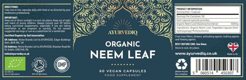 Ayurvediq Organic Neem Leaf Capsules x60 600mg (Azadirachta Indica) – Indian Lilac Neem Powder Organic – Detox, Immunity Support, Clear Skin Soil Association Organic Health and Wellbeing Supplements