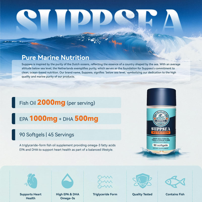 Deep Sea Fish Oil 2000mg, EPA, DHA & Vitamin E, Omega 3 Supplement,90 Softgels, 45-Day Supply