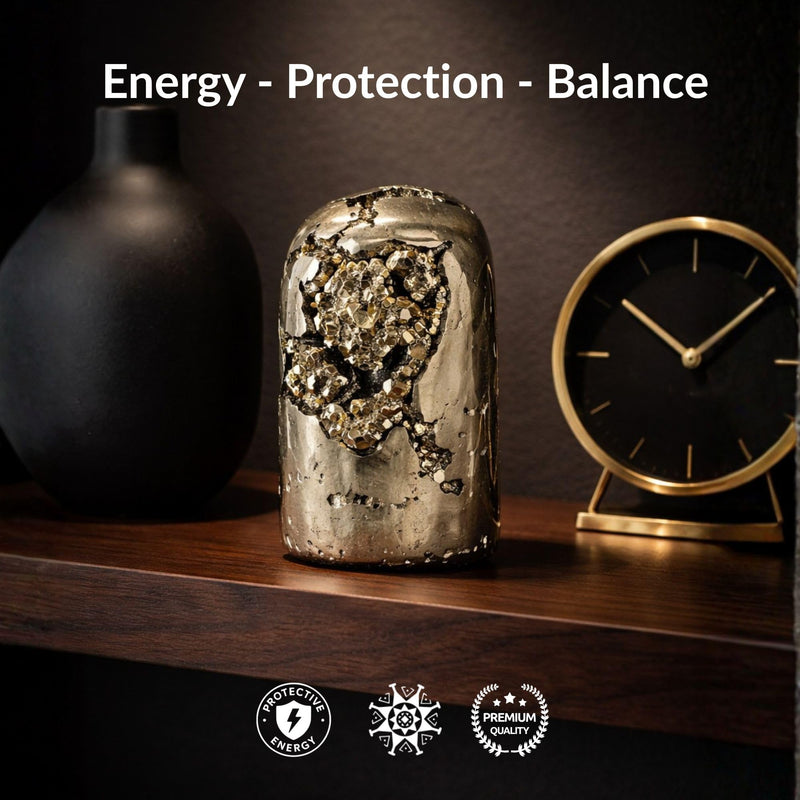 Pyrite Crystal Paperweight – Natural Free Form Stone with Flat Base for Office Desk – Heavy Raw Gold Rock for Wealth & Success – Authentic Peruvian Decor (7 to 8 oz) | Genuine natural iron pyrite rock to attract success. Authentic hand-carved flat bott...