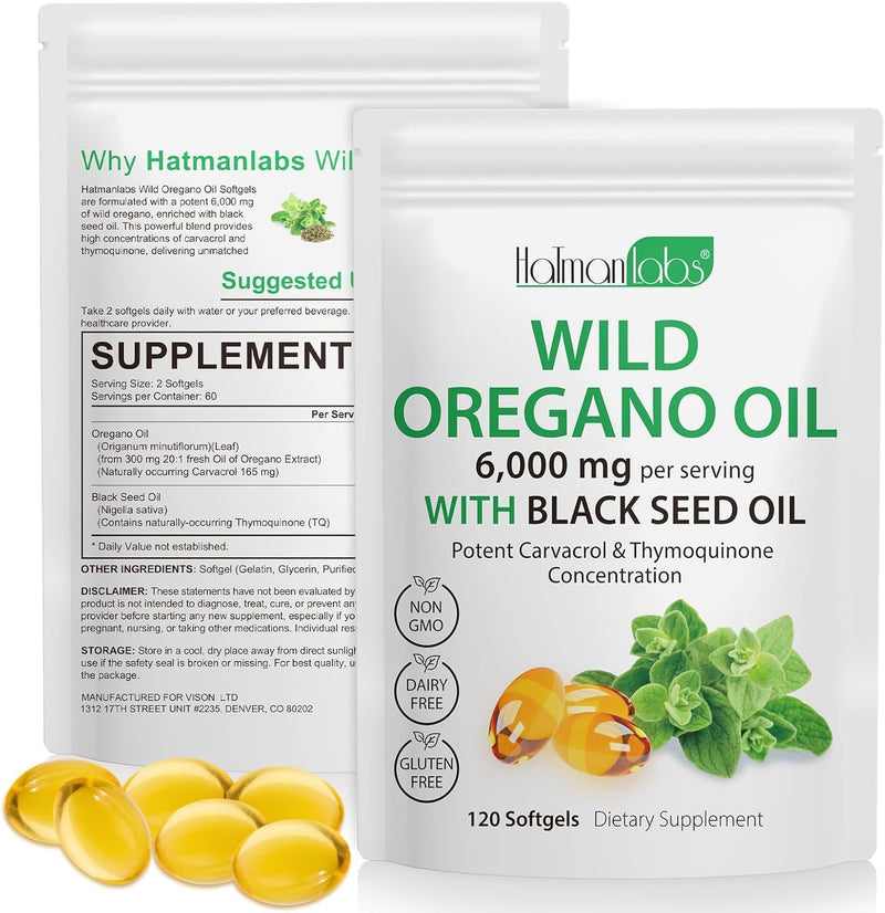 Oil of Oregano with Black Seed Oil, 2 in 1 6000mg Oregano Oil Capsules Organic,165mg Carvacrol, Easy to Swallow, Plant Based, Non-GMO, Gluten Free & Immune Support - 120Count