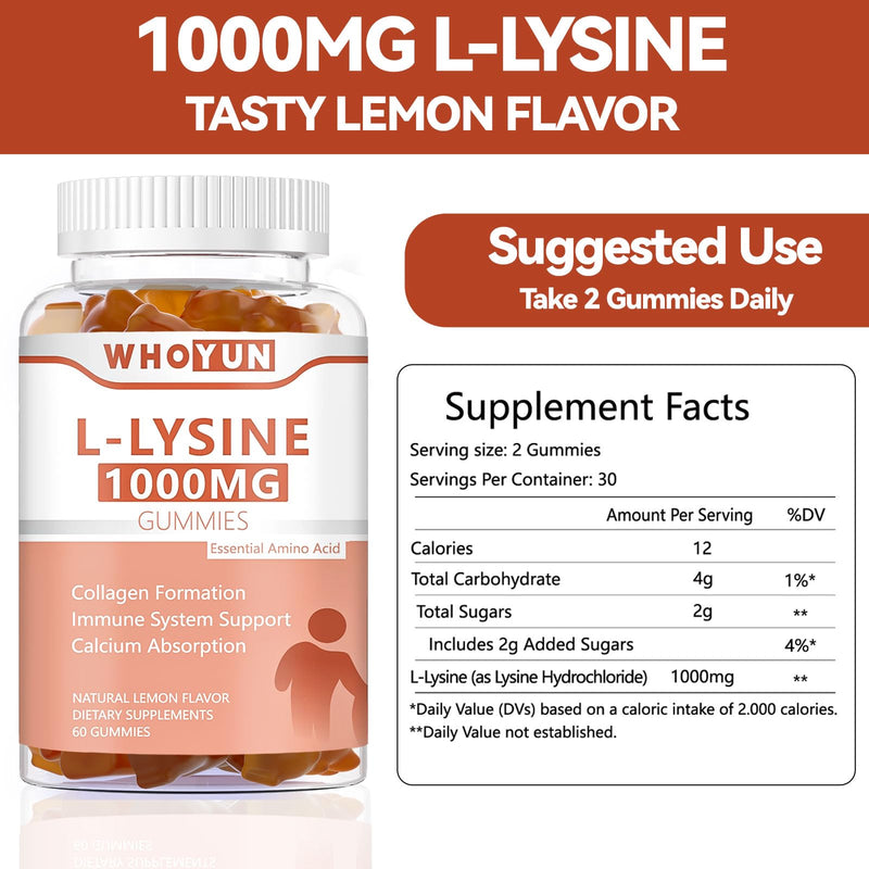 [Australia] - L-Lysine 1000mg Gummies, Chewable Lysine Supplement for Adults, Immune Support, Collagen Formation Support, Lemon Flavor, 60 Count 60 Count (Pack of 1) 