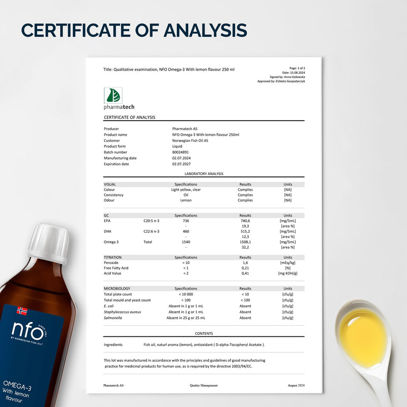 NFO Omega 3 Oil Lemon 250 ml – High Strength Liquid Fish Oil from Norway – Triglyceride Form with EPA DHA – Natural Lemon Taste – with Vitamin E