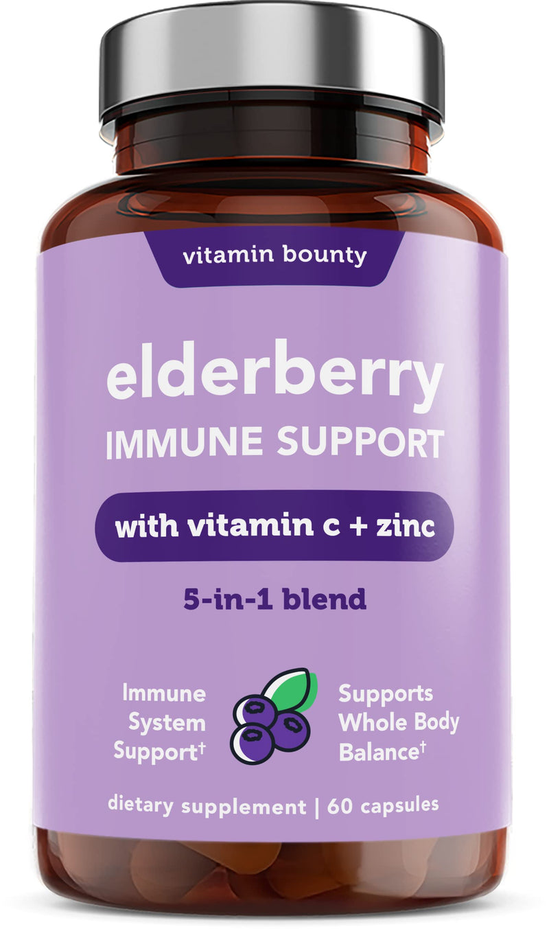 Vitamin Bounty Elderberry Immune Support - with Zinc, Vitamin C & Echinacea, Advanced 5-in-1 Blend, Powerful Antioxidant, Supports Whole Body Balance, Non-GMO - 60 Capsules, 2 Pack 60 Count (Pack of 2)