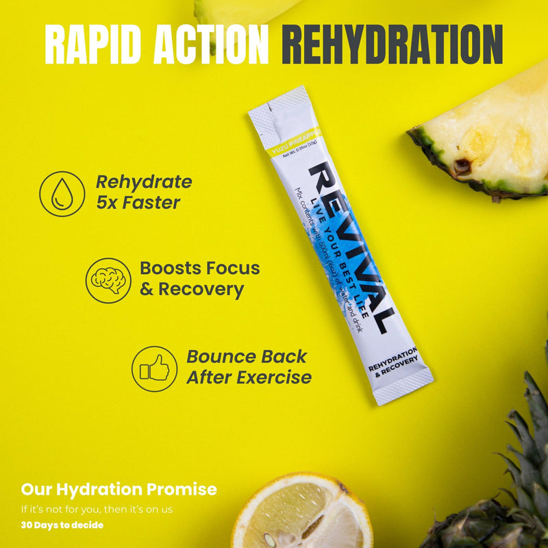 Revival Rapid Rehydration, Electrolytes Powder - High Strength Vitamin C, B1, B3, B5, B12 Supplement Sachet Drink, Effervescent Electrolyte Hydration Tablets 6 Pack Yuzu Pineapple Flavours 6 Servings (Pack of 1)