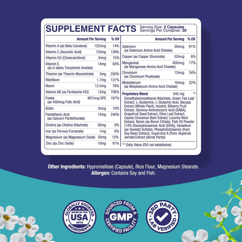 [Australia] - Nootropic Brain Supplement for Memory and Focus Enhancement - Vitamins for Brain Mental Health & Clarity - Cognitive Health Complex for Mind's Vitality & Mental Alert - 60 Capsules 