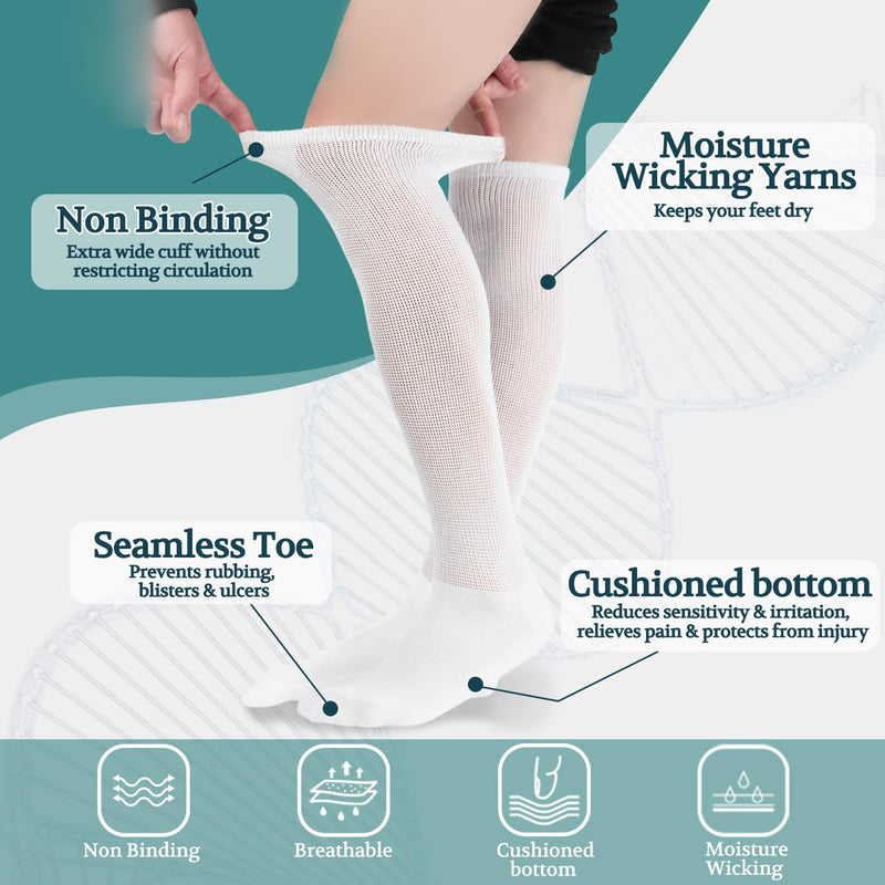 [Australia] - +MD 4 Pack Men’s Extra Wide Non-Binding Diabetic and Circulatory Over The Knee Socks with Cushioned Sole 4 Pairs Blk/Wht 9-11 