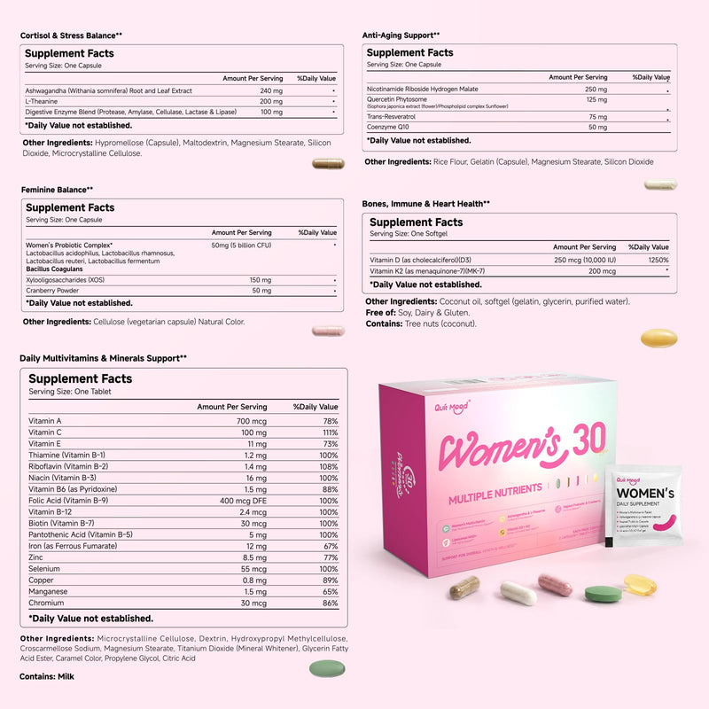 Multivitamin for Women 30+ with D3+K2, Probiotics & NR | Daily Vitamin Packs with Ashwagandha & L-Theanine, Portable Packs for Energy, Gut Health, Bone Support, 30 Day Supply 1 Box