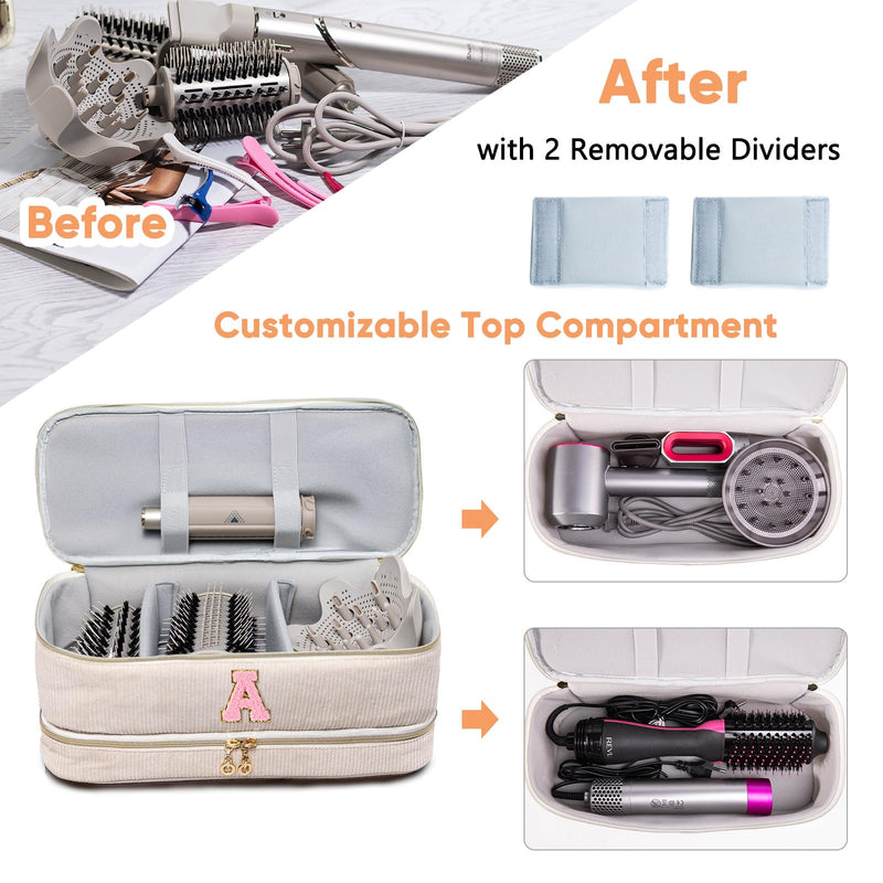 [Australia] - Initial Personalized Hair Tools Travel Bag Double-Layer Hair Dryer Case Compatible with Shark FlexStyle/SmoothStyle, Dysson Airwrap & Supersonic – Hair Tool Organizer for Travel & Home A Ivory 
