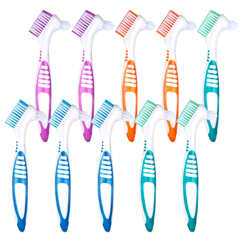 [Australia] - 10 Pcs Denture Brush - False Teeth Cleaner, Double Sided, Portable, Soft Multi-Layered Bristles, Ergonomic Rubber Handle 