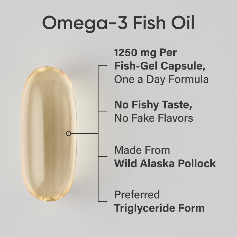 Sports Research® Omega-3 Fish Oil 1250mg from Wild Alaska Pollock, 90 Count | Always Fresh Never Fishy | 690mg EPA 260mg DHA per Softgel · Heart & Brain Health* · MSC Certified Sustainable - 90 Servings 90 Count (Pack of 1) From Alaska