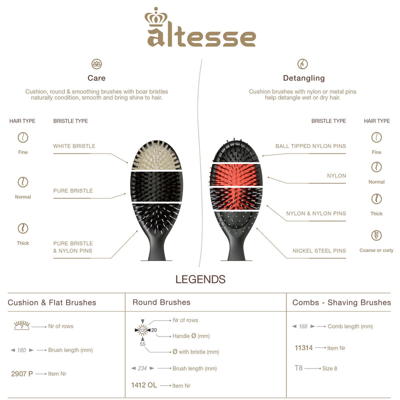 Altesse 8907 Natural Bristle Hair Brush Detangler Brush Medium Air Cushion Matte Black Handle with 7 Rows of Black Boar Bristle and Nylon Hairbrush for Thick Hair Styling and Detangling Made in France Black Bristle/Nylon