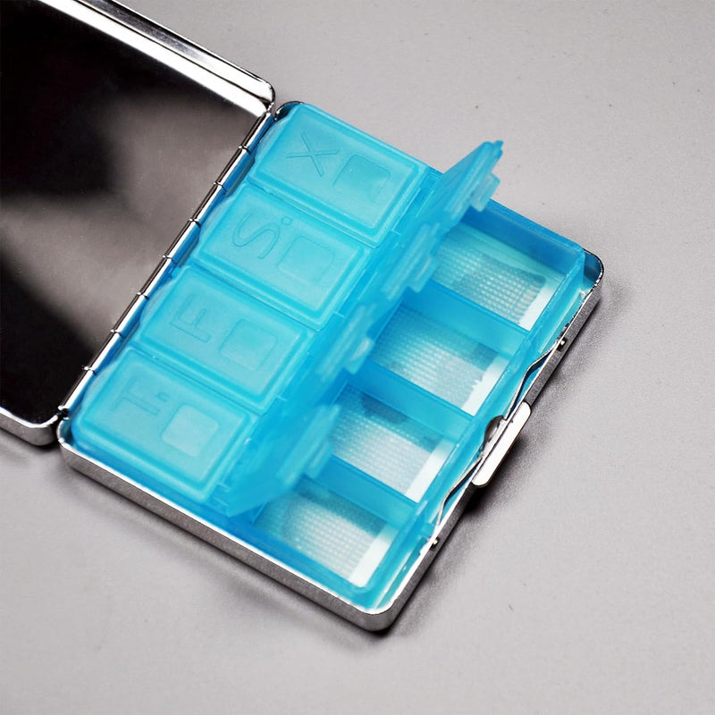 7 Days Chromed Shiny Silver Pill Organizer with Mirror Inside Has 8 Separate Compartments Rectangle Cute Travel Pill Organizer for Purse 7 Days (Bees) Bees