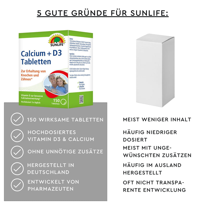 [Australia] - SUNLIFE Calcium + D3 tablets - 1 x 150 pieces - Calcium & Vitamin D3 tablets for bones and teeth - High-dose calcium - Dietary supplement with 400 mg calcium & 5 µg vitamin D3 per tablet 