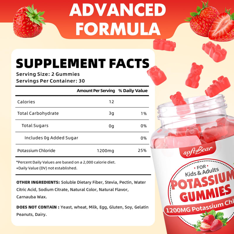 [Australia] - softbear Potassium Gummies for Adults, Sugar Free Potassium Chloride Gummies 1200mg Support Leg Cramps & Electrolyte Balance High Potency Potassium Supplement, Strawberry Flavor 120 Count 60 Count (Pack of 2) 