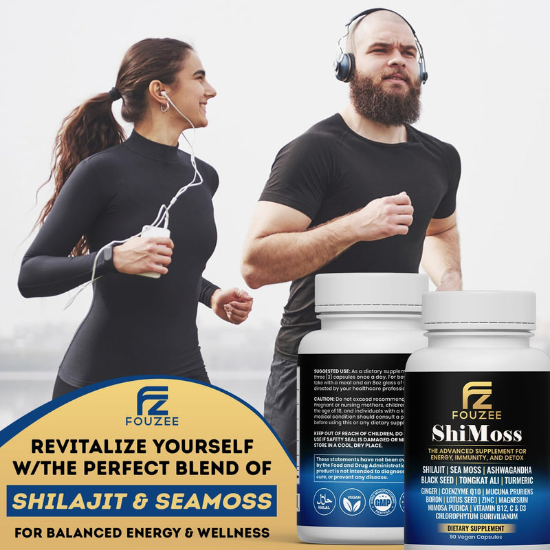 ShiMoss Supplement w/Shilajit 1000mg, Sea Moss 7000mg, Ashwagandha 9000mg, Tongkat Ali 90000 mg, Vitamin C, B12, Boron, Turmeric, Ginger - Immunity Dietary Capsule for Men & Women - 90 Count